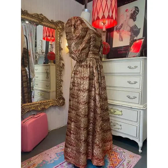 1970s rust and gold brocade formal gown puff sleeves jay jacks metallic ombre sm - Picture 4 of 10